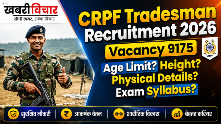 CRPF Tradesman Recruitment 2026 का पोस्टर, जिसमें एक मुस्कुराता हुआ सैनिक थम्ब्स-अप देते हुए दिख रहा है। पोस्टर पर 9,175 रिक्तियों की जानकारी, आयु सीमा, ऊंचाई, शारीरिक विवरण और परीक्षा पाठ्यक्रम जैसे महत्वपूर्ण सवाल हाइलाइट किए गए हैं। नीचे सुरक्षित नौकरी, आकर्षक वेतन, शारीरिक विकास और बेहतर करियर के फायदे दर्शाए गए हैं।