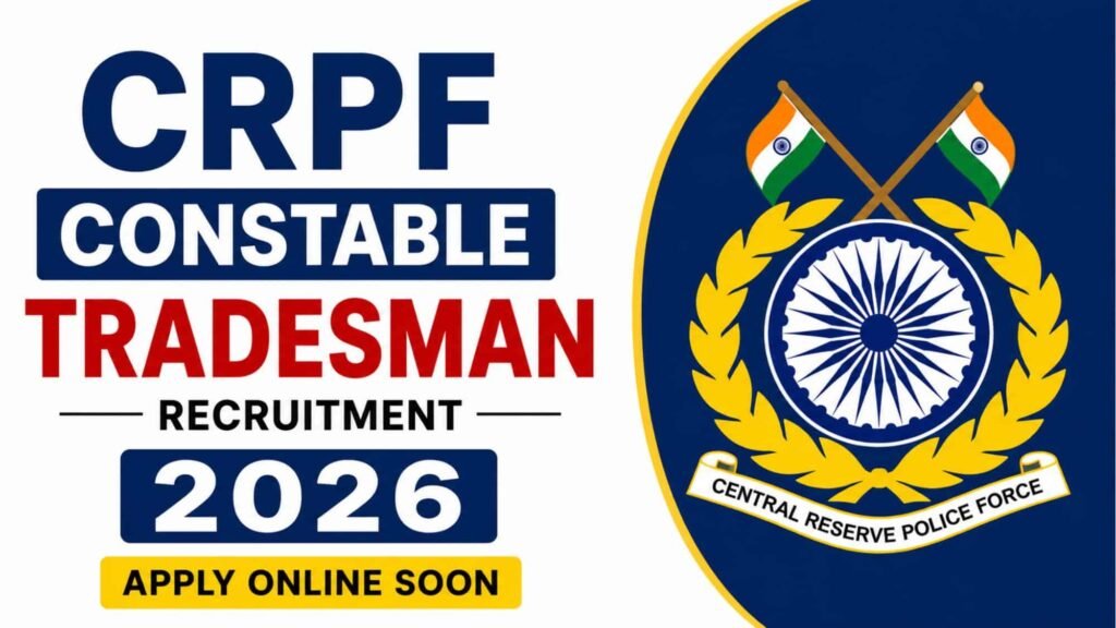 CRPF कांस्टेबल भर्ती 2026 का पोस्टर जिसमें एक सैनिक की तस्वीर है, हरे और पीले रंग का बैकग्राउंड, 9,195 पदों की जानकारी और आवेदन के लिए स्पष्ट कॉल-टू-एक्शन दिखाया गया है।